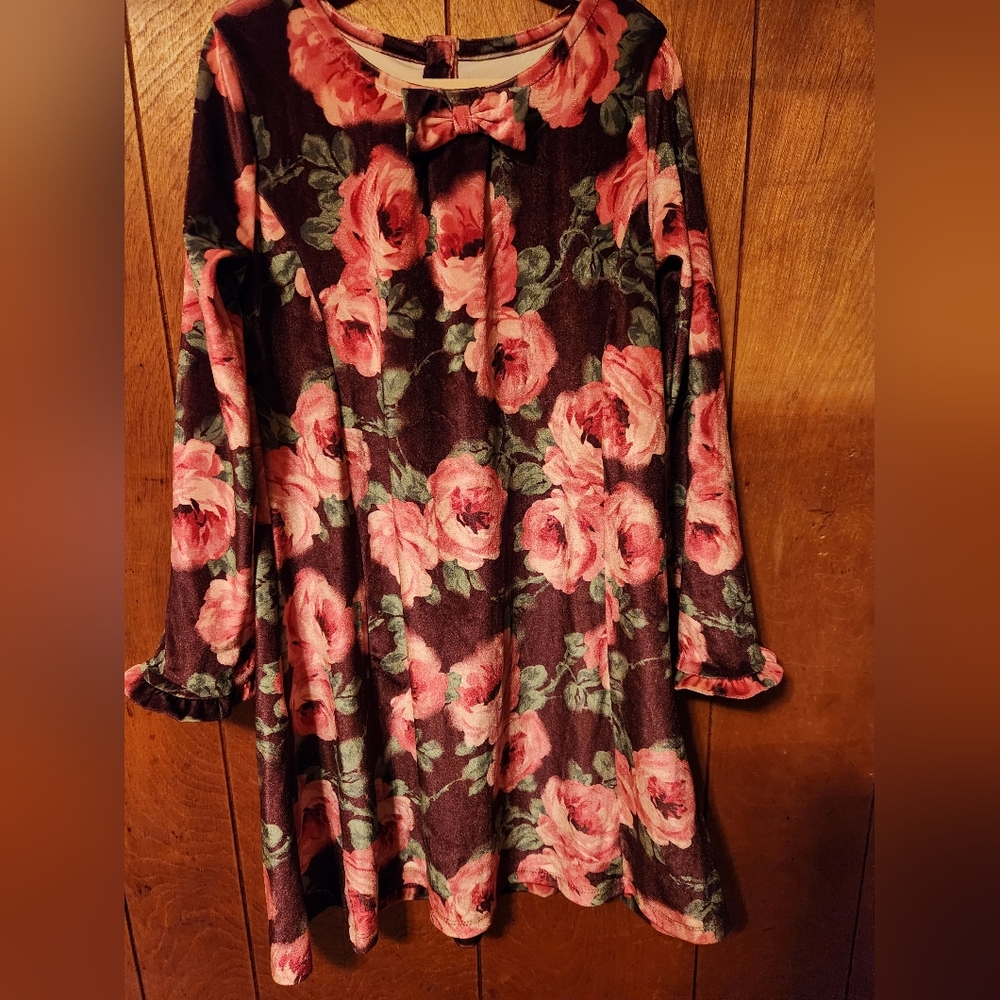 Gymboree Floral Dress - Pink & Green on Deep Burgundy Background, Size 7, NWOT